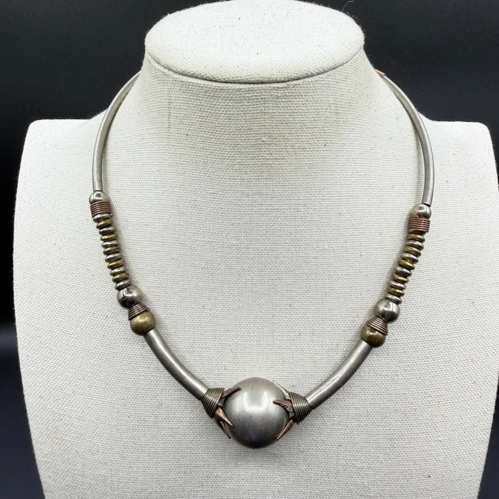 Mixed Metal Orb Collar Necklace Silver Copper & Brass Tone Statement Artisan